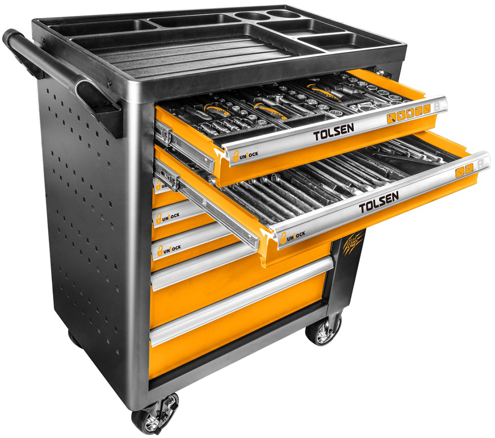 TOLSEN TT80317 - тележка инструментальная, 7 выдвижных ящиков, черная/желтая