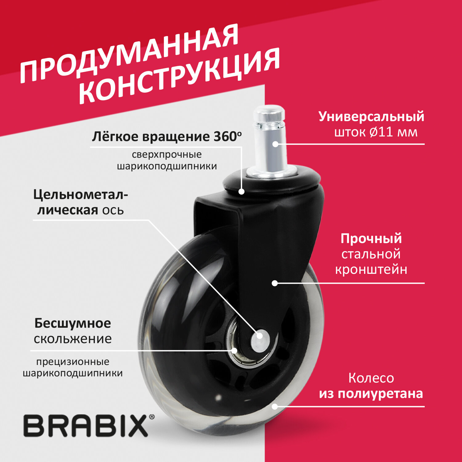 Колеса (ролики) BRABIX для кресла мягкие, резиновые, диаметр 75.5 мм, КОМПЛЕКТ 5 шт., шток d11 мм, в коробе, 532524