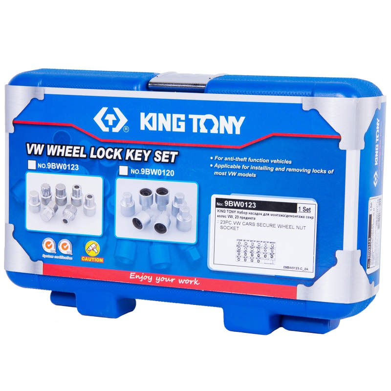 KING TONY 9BW0123 - набор насадок для монтажа/демонтажа секреток колес VW, 23 предмета 